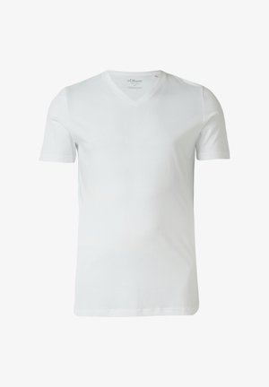 Weißes Herren-T-Shirt mit kurzen Ärmeln und V-Ausschnitt, mit einem kleinen gestickten Logo auf der linken Brust.