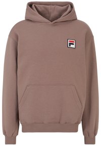 Felpa in cotone marrone con tasca frontale, polsini e orlo a costine, e un piccolo logo ricamato sul lato sinistro del petto. Design casual unisex.