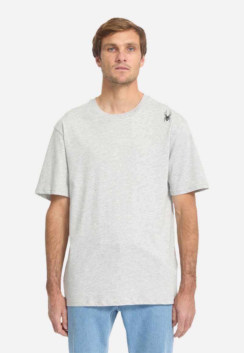 Grijze T-shirt met korte mouwen, gemaakt van katoen en met een relaxte pasvorm, voorzien van een klein zwart spinnenlogo op de linkerschouder.