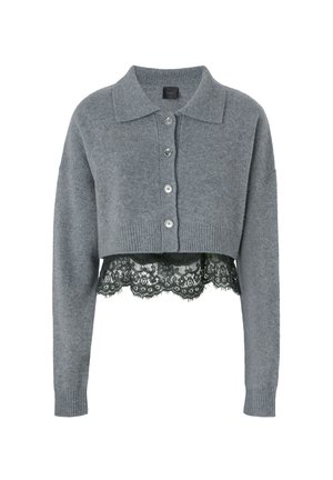 Cardigan grigio a coste con colletto, chiusura frontale con bottoni e texture lavorata a maglia; presenta un bordo in pizzo nero all'orlo.