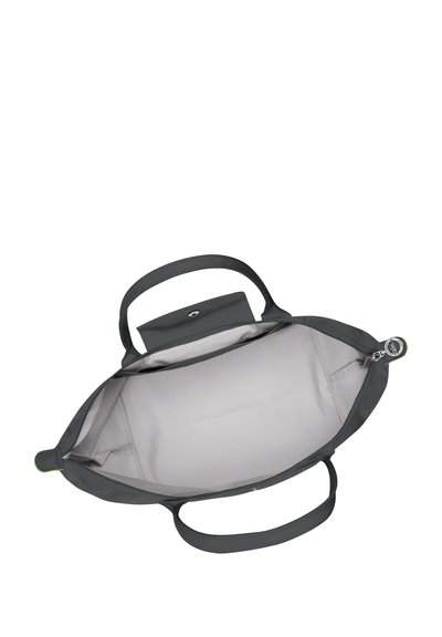 Grey tote bag with dual handles, smooth textured exterior, light grey interior, central pocket, and a zip closure with green accent.
