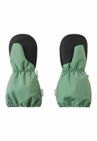 Grüne Stofffäustlinge mit einer schwarzen, strukturierten Handfläche. Elastische Bündchen und ein Daumen-Design sorgen für einen sicheren Sitz. Schlichte und funktionale Form.