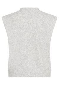 Pull sans manches gris clair avec un encolure ronde et un ourlet côtelé, présentant une texture douce et sans motifs ni accents distincts.