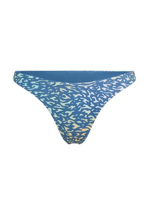 Blauwe bikini slip met een abstract wit en geel patroon. Het materiaal is rekbaar, met een klassieke low-rise pasvorm en een gladde textuur.
