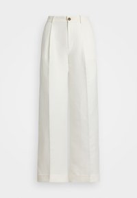 White wide-leg trousers made of a lightweight fabric, featuring front pleats, a button closure, and cuffed hems.