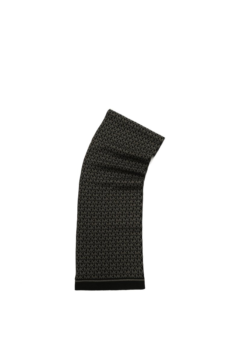 Sort strikket halstørklæde med et gentaget mønster af sammenlåste bogstaver M. Tekstureret materiale med en solid sort kant i begge ender.