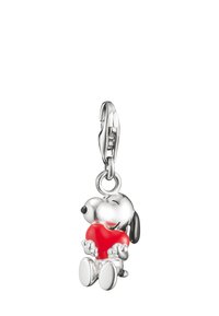 Silver charm shaped like a dog holding a red heart. Features a polished finish with black nose and floppy ears. Attachable clip design.