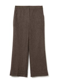 Pantalon large marron en tissu texturé. Comprend deux poches latérales et un ourlet net avec des détails de couture subtils.
