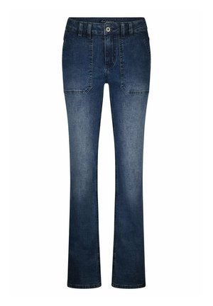 Donkerblauwe flared jeans van denim, voorzien van riemlussen, een knoopsluiting en twee voorzakken met een nette afwerking. Zachte textuur, klassiek ontwerp.