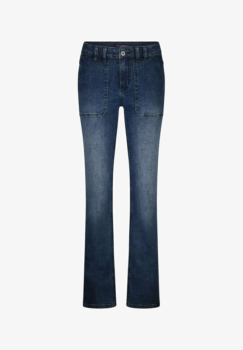 Donkerblauwe flared jeans van denim, voorzien van riemlussen, een knoopsluiting en twee voorzakken met een nette afwerking. Zachte textuur, klassiek ontwerp.