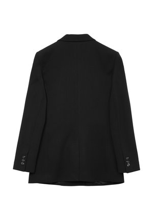Blazer nero, vestibilità aderente, design monopetto, texture liscia, rever a lancia, quattro bottoni su ciascun maniche e dettaglio sullo spacco posteriore.