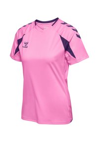 Pink short-sleeve sports shirt with dark purple chevron and panel accents, V-neck, and Hummel logo on the chest.