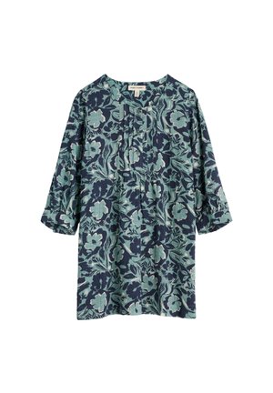 Túnica de manga larga con patrón floral verde y azul marino, cuello redondo, tapeta con botones y mangas con puños.