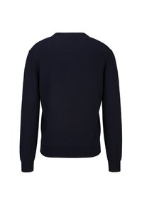 Marineblauer Pullover aus Strickstoff, mit Rundhalsausschnitt, langen Ärmeln sowie gerippten Bündchen an Ärmel und Saum. Schlichtes Design ohne Muster.