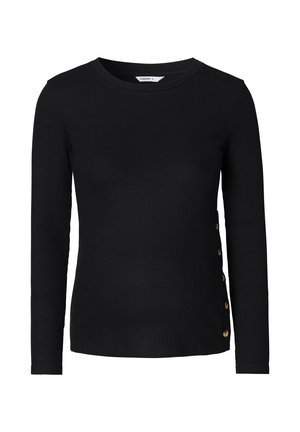 Haut noir à manches longues en tissu côtelé, avec un col rond et des accents de boutons dorés sur le côté gauche pour le détail et le design.