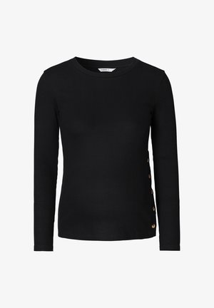 Zwarte lange mouwen top van ribbelstof, met een ronde hals en gouden knoopaccenten aan de linkerkant voor detail en ontwerp.