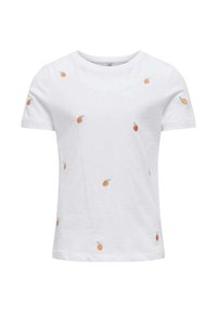 T-shirt en coton blanc avec un motif intégral de petits ananas brodés en orange et vert, avec un col rond classique.