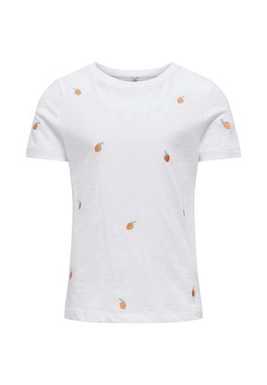 T-shirt en coton blanc avec un motif intégral de petits ananas brodés en orange et vert, avec un col rond classique.