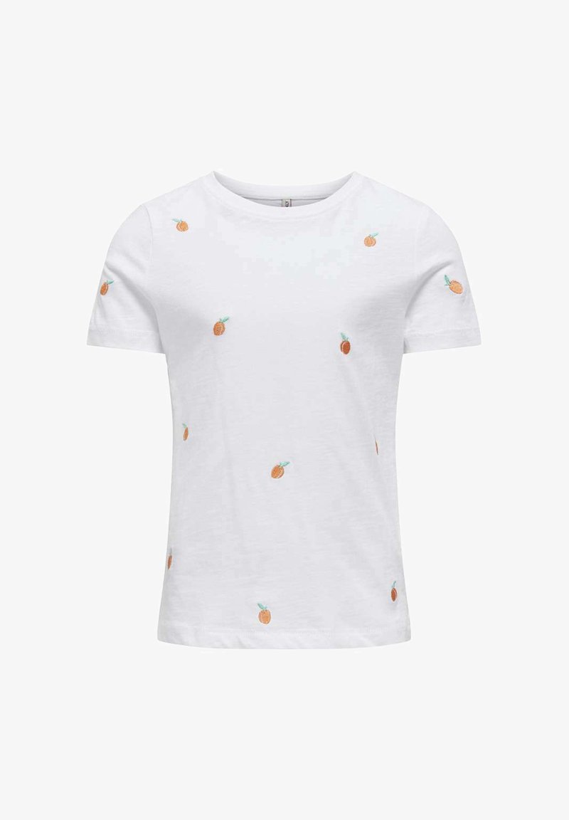 T-shirt en coton blanc avec un motif intégral de petits ananas brodés en orange et vert, avec un col rond classique.