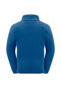 Giacca in pile blu con colletto alto, maniche lunghe e una texture morbida. Nessuna cucitura o tasca visibile nella parte posteriore. Design semplice.