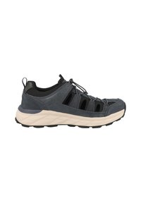 Niebieskie i czarne sneakersy z oddychającą siateczkową cholewką, z wycięciami, elastycznymi sznurowadłami i grubą, teksturowaną białą podeszwą środkową.