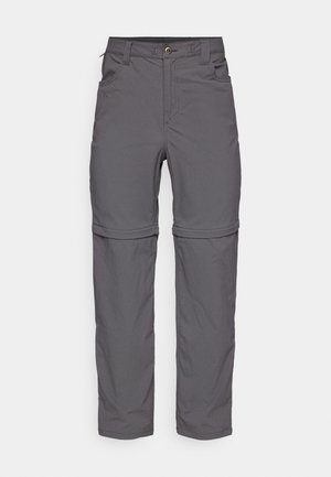 Grau zip-off Hosen mit glatter Textur, ausgestattet mit einem Knopfverschluss, Fronttaschen und verstellbaren Bündchen für einen vielseitigen Stil.