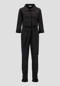 Zwart jumpsuit gemaakt van gladde stof, met een kraag met knopen, twee borstzakken, een tailleband en gathered cuffs met knopen.