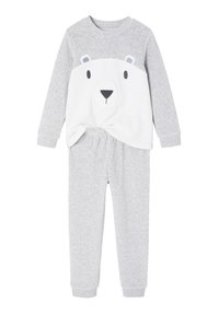 Gray pajama set with a long-sleeve top featuring a white bear face design and matching gray elastic waistband pants. Made of soft fabric.
