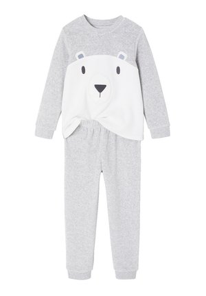 Graues Schlafanzug-Set mit einem Langarmoberteil, das ein weißes Bärenkopf-Design zeigt, und passenden grauen Hosen mit elastischem Bund. Hergestellt aus weichem Stoff.
