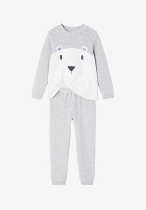 Gray pajama set with a long-sleeve top featuring a white bear face design and matching gray elastic waistband pants. Made of soft fabric.