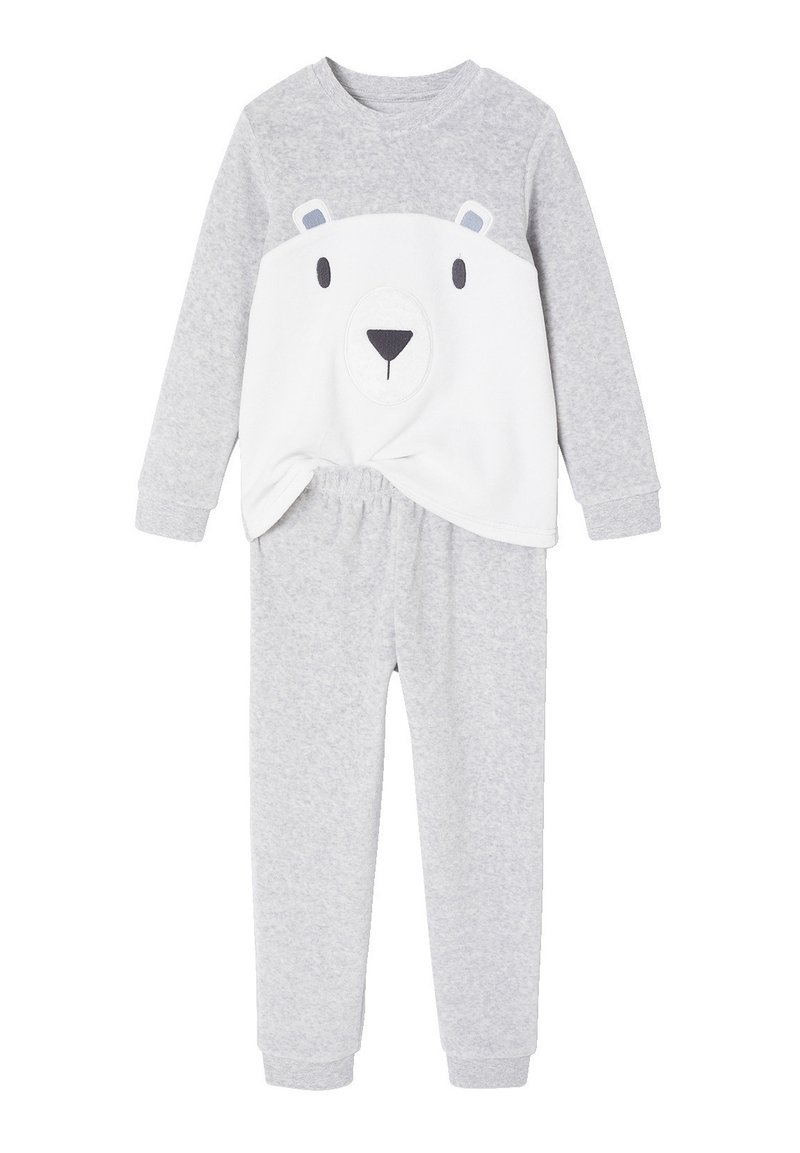 Gray pajama set with a long-sleeve top featuring a white bear face design and matching gray elastic waistband pants. Made of soft fabric.