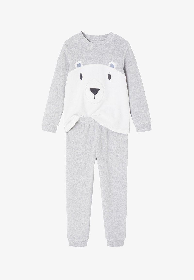 Gray pajama set with a long-sleeve top featuring a white bear face design and matching gray elastic waistband pants. Made of soft fabric.