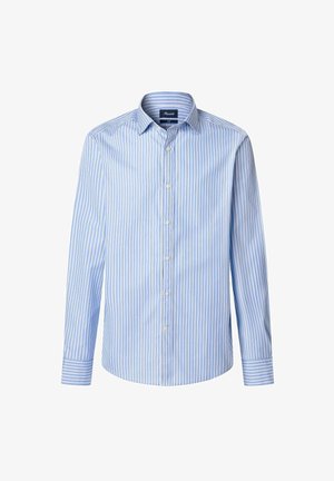 Herren Langarmhemd in hellblau mit weißen vertikalen Streifen; Baumwollmaterial, Button-Down-Kragen, abgerundeter Saum, normale Passform.