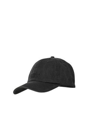 Zwarte katoenen honkbalpet met gebogen klep en geborduurde tekst "HALO" op het voorpaneel.