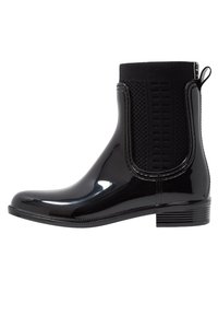 Black rubber ankle boots with glossy finish, elastic side panels, textured accents, and a low stack heel. Side zipper for easy wear.