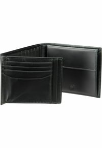 Portefeuille en cuir noir au design pliable, comportant plusieurs emplacements pour cartes, une texture lisse et des détails de couture subtils.