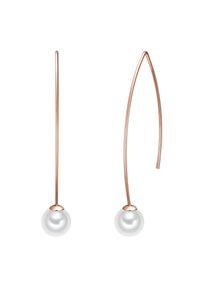 Rosaguld, langstrakte øreringe med glatte hvide perler for enden, der har et minimalistisk design og en poleret finish.