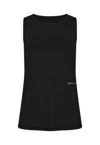 Svart ärmlös sporttopp i ett lätt, slätt tyg. Har en rundad halsringning och en liten vit logotyp på sidan.
