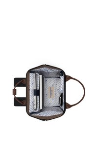 Borsa in pelle marrone con un interno a motivo. Contiene scomparti per un laptop, quaderni e oggetti più piccoli. Doppie maniglie per il trasporto.