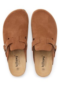 Chaussures slip-on en daim marron avec un design arrondi, comportant deux sangles avec boucles et une semelle intérieure de couleur naturelle. Convient pour un usage décontracté.