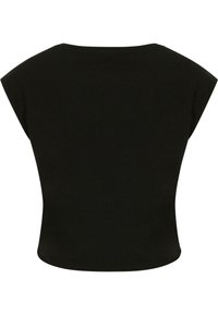 Top noir à manches courtes avec une coupe décontractée, un col arrondi et une texture de tissu lisse, convenant à un port décontracté.