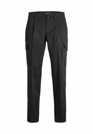 Black cargo pants made of lightweight fabric. Features two side pockets, a straight leg design, and a button closure. Suitable for casual wear.
