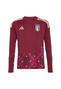 Long-sleeve maroon sports jersey with gold accents, featuring a patterned lower section in shades of pink and a national emblem on the chest.
