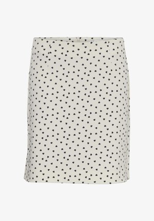 Fustă până la genunchi din țesătură crem, cu modele de inimi negre. Prezintă un design ajustat și închidere cu fermoar la spate. Textură netedă pe întreaga suprafață.