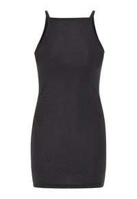 Schwarzes ärmelloses Kleid mit taillierter Silhouette, hergestellt aus einem strukturierten Stoff mit dezenten schimmernden Details.