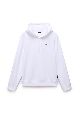 Sudadera blanca de algodón con un corte relajado. Cuenta con una capucha ajustable mediante cordones, puños acanalados y un pequeño logo en el pecho. Textura suave.