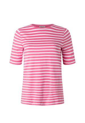 Pink und weiß gestreiftes T-Shirt mit kurzen Ärmeln, rundem Ausschnitt und geradem Saum.