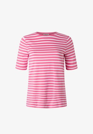 Pink und weiß gestreiftes T-Shirt mit kurzen Ärmeln, rundem Ausschnitt und geradem Saum.