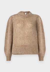 Maglione beige lavorato a maglia con scollatura rotonda a costine e maniche lunghe a palloncino. Il tessuto presenta una finitura morbida e testurizzata.
