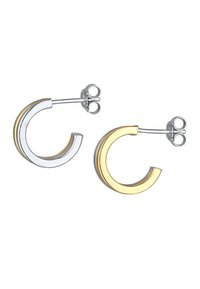 Sølv- og gullfarvede hoops øreringe med en buet design, poleret overflade og en sikker stiftlukning. Større, men lette.